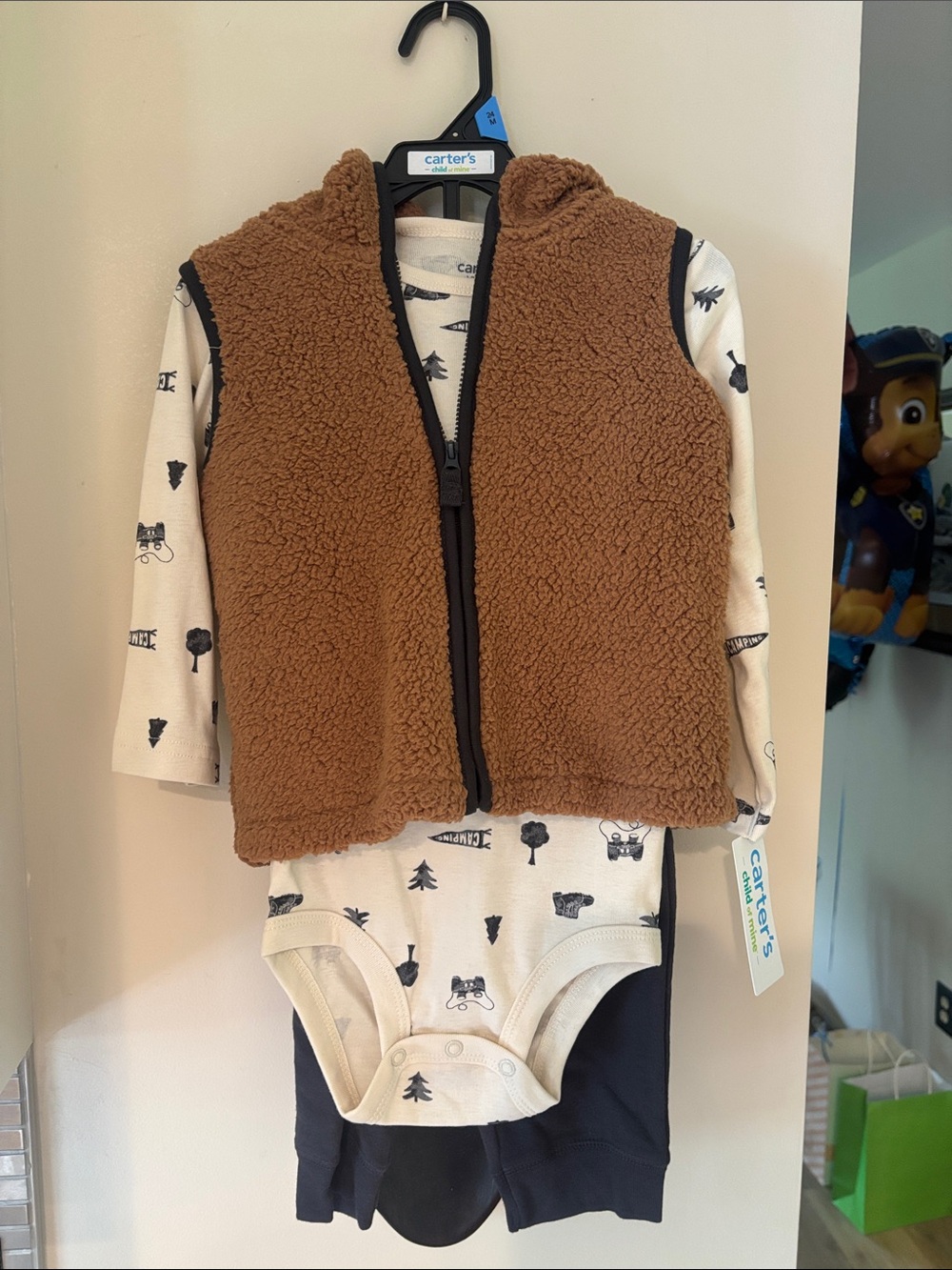 Carter's Brown Sherpa Vest with Cream Woodland Bodysuit and Dark Grey Pants